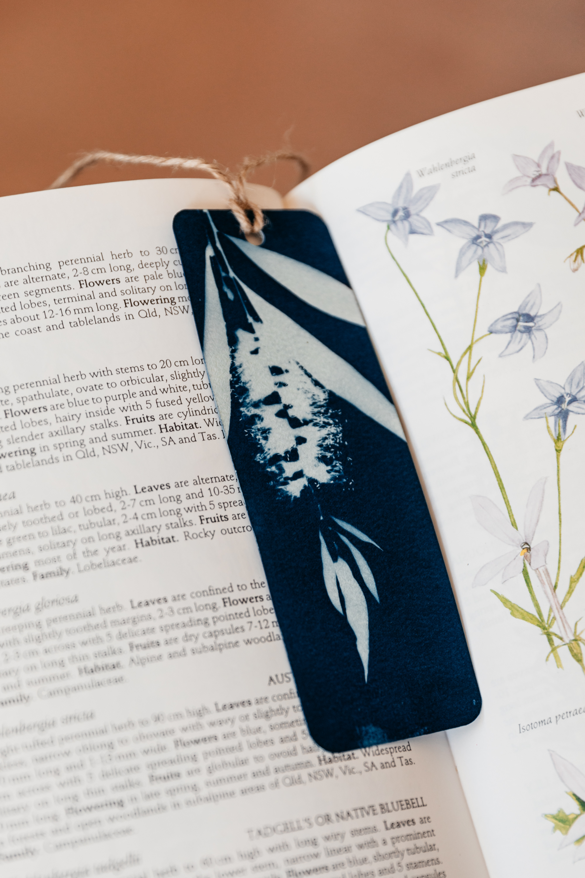 A blue bookmark lays on an open page of a book. it features the white silhouette images of small flowers made using the cyanotype printing process by Blue Bower Art